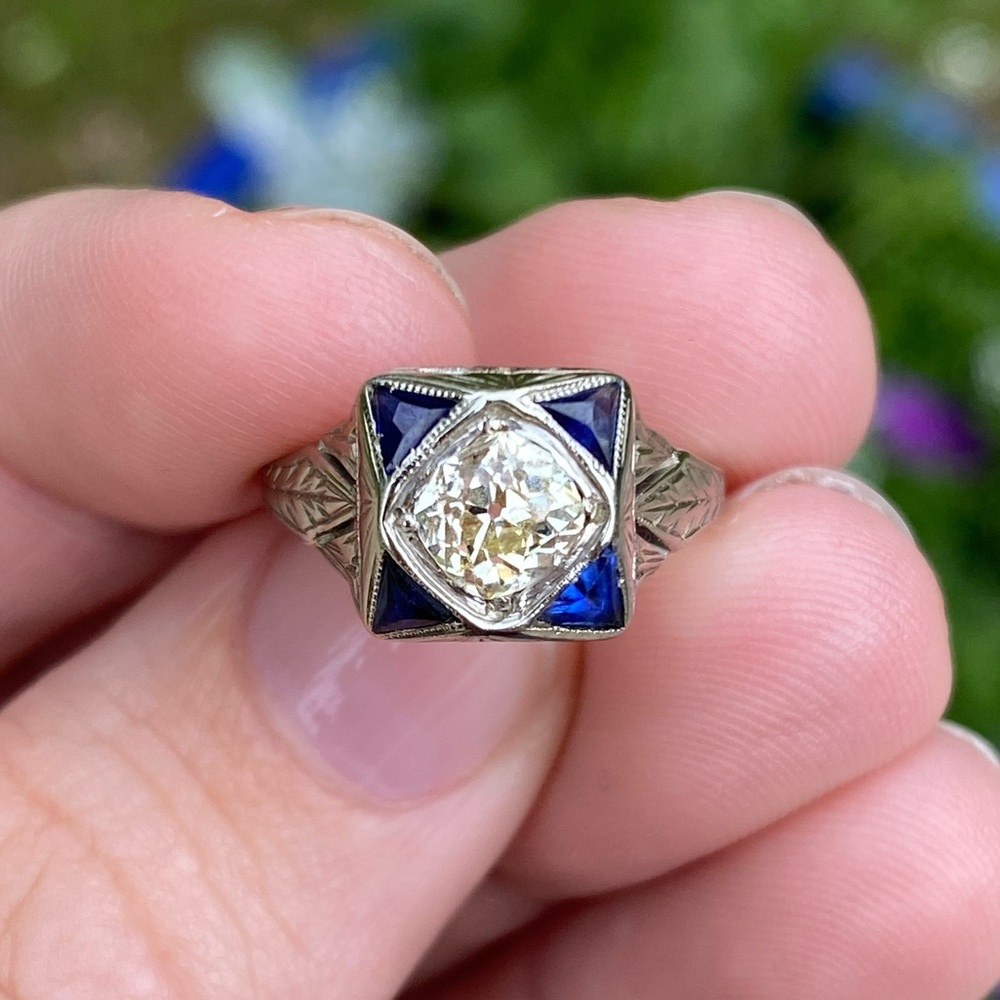 Art Deco Old Mine Cut Diamond & Sapphire Ring, 18kt White Gold ~ By Belais Bros.